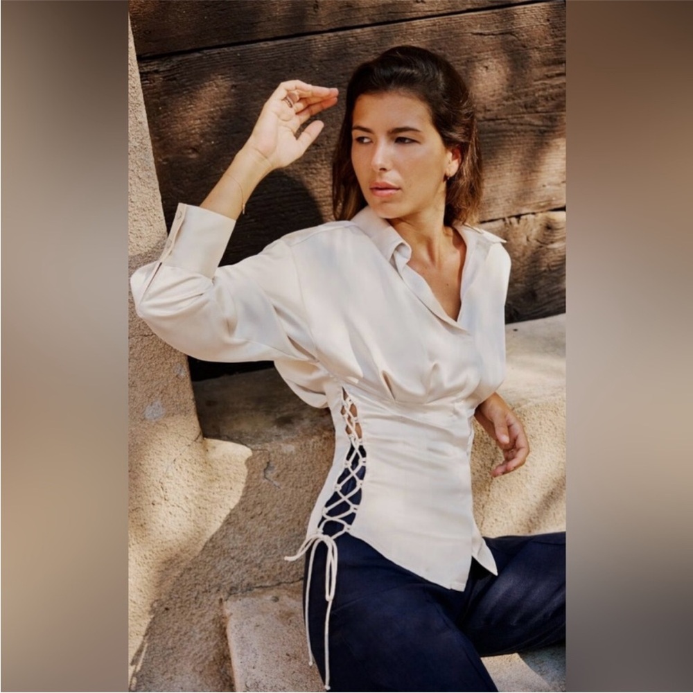 Zara satin lace up shirt top Ivory Corset Style Button down collar Front Blouse